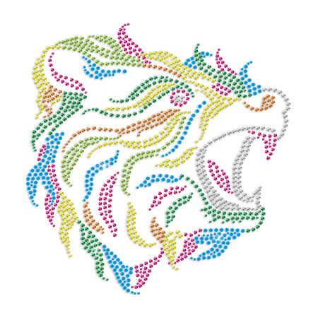 Rainbow Color Roaring Lion Rhinestone Iron On Transfer